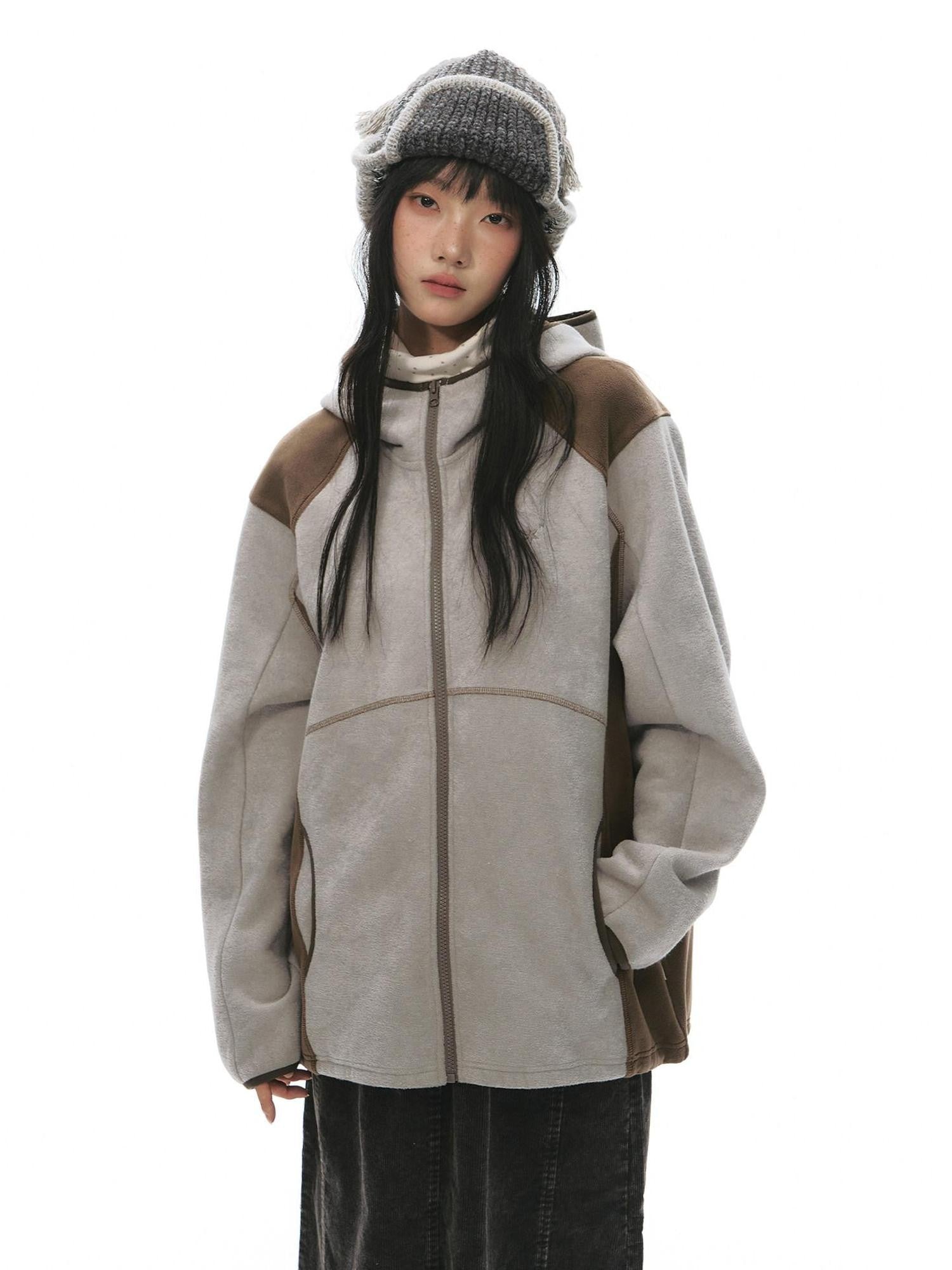 NAPSNAPS Grey Brown Patchwork Polar Fleece Hooded Zip Women&