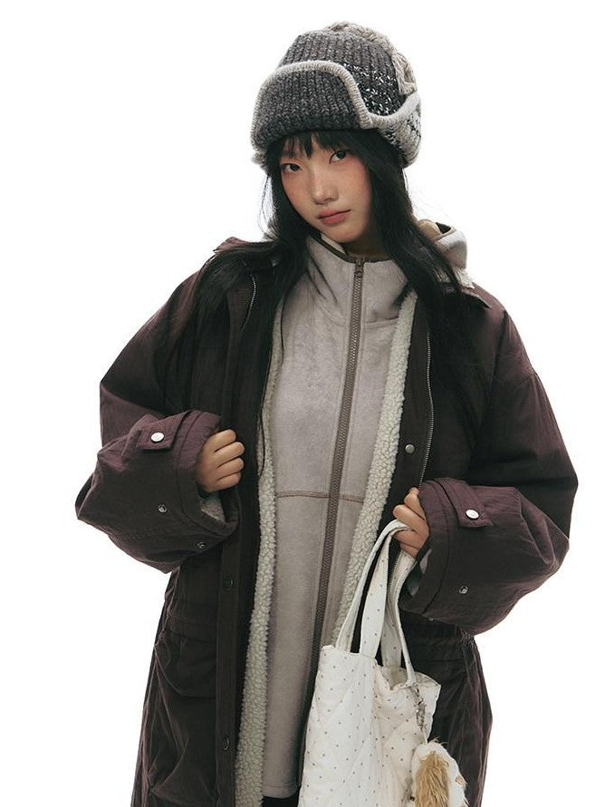 NAPSNAPS Grey Brown Patchwork Polar Fleece Hooded Zip Women&