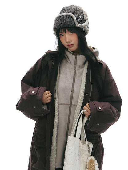 NAPSNAPS Grey Brown Patchwork Polar Fleece Hooded Zip Women&