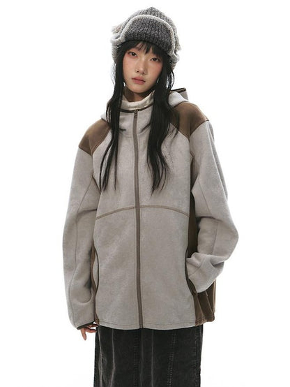 NAPSNAPS Grey Brown Patchwork Polar Fleece Hooded Zip Women&