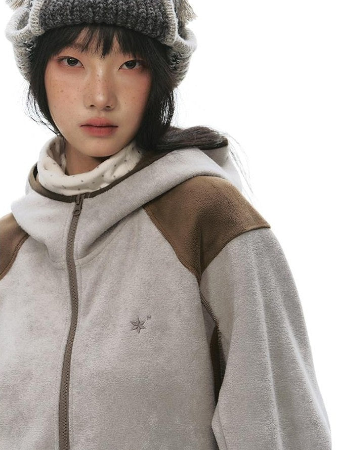 NAPSNAPS Grey Brown Patchwork Polar Fleece Hooded Zip Women&