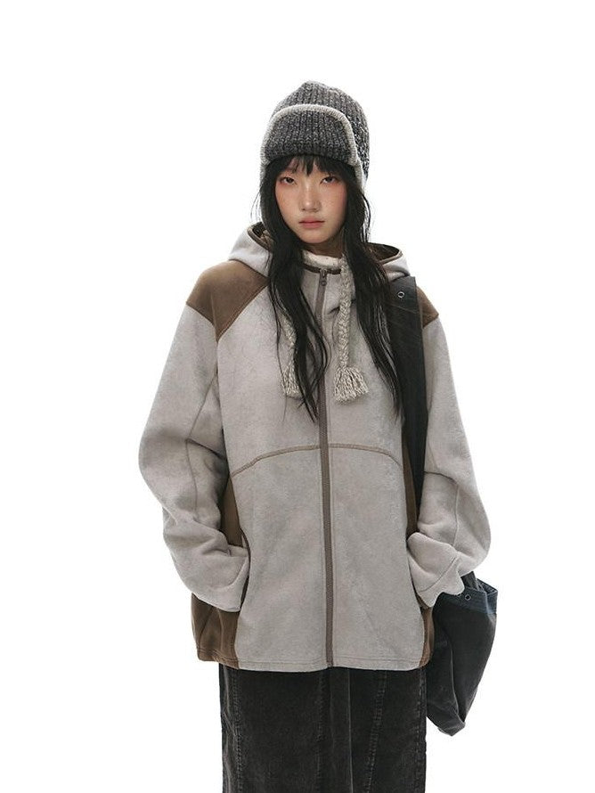 NAPSNAPS Grey Brown Patchwork Polar Fleece Hooded Zip Women&