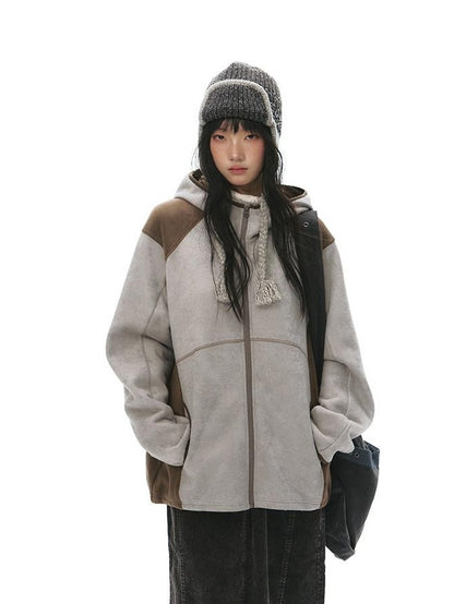 NAPSNAPS Grey Brown Patchwork Polar Fleece Hooded Zip Women&