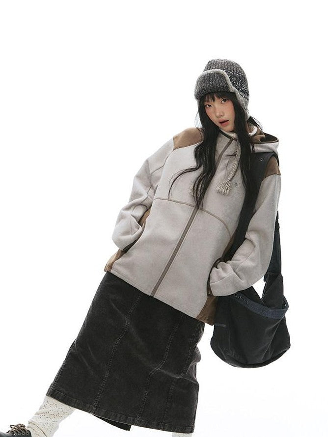 NAPSNAPS Grey Brown Patchwork Polar Fleece Hooded Zip Women&