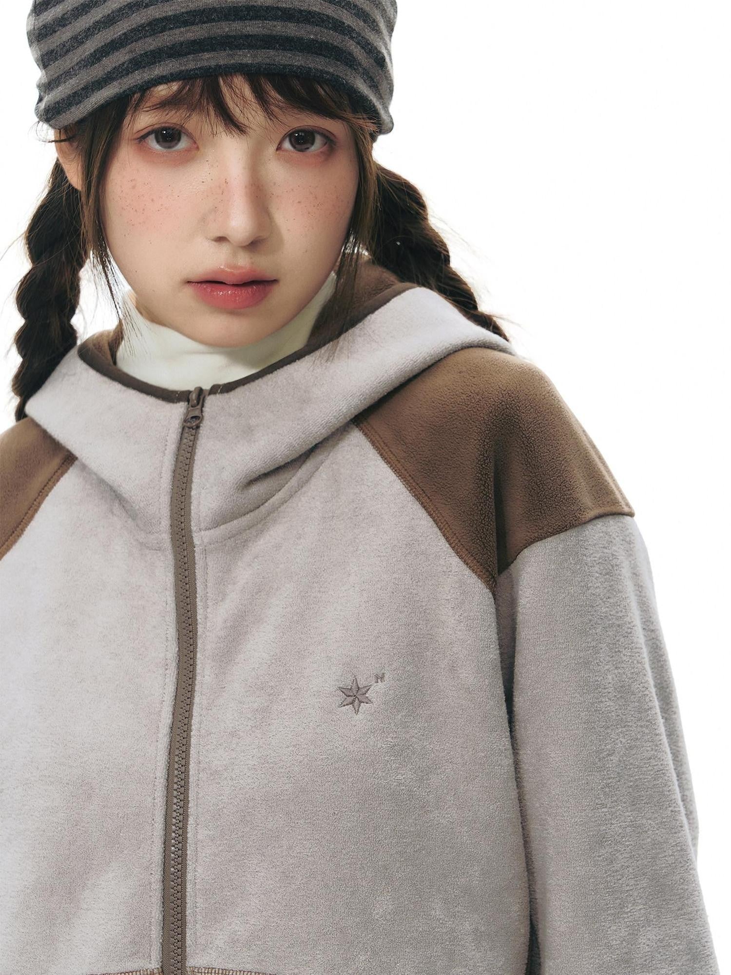 NAPSNAPS Grey Brown Patchwork Polar Fleece Hooded Zip Women&
