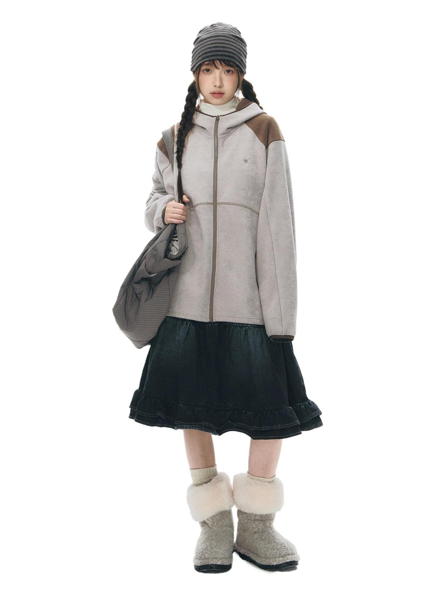 NAPSNAPS Grey Brown Patchwork Polar Fleece Hooded Zip Women&