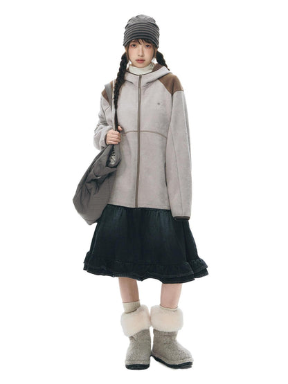 NAPSNAPS Grey Brown Patchwork Polar Fleece Hooded Zip Women&