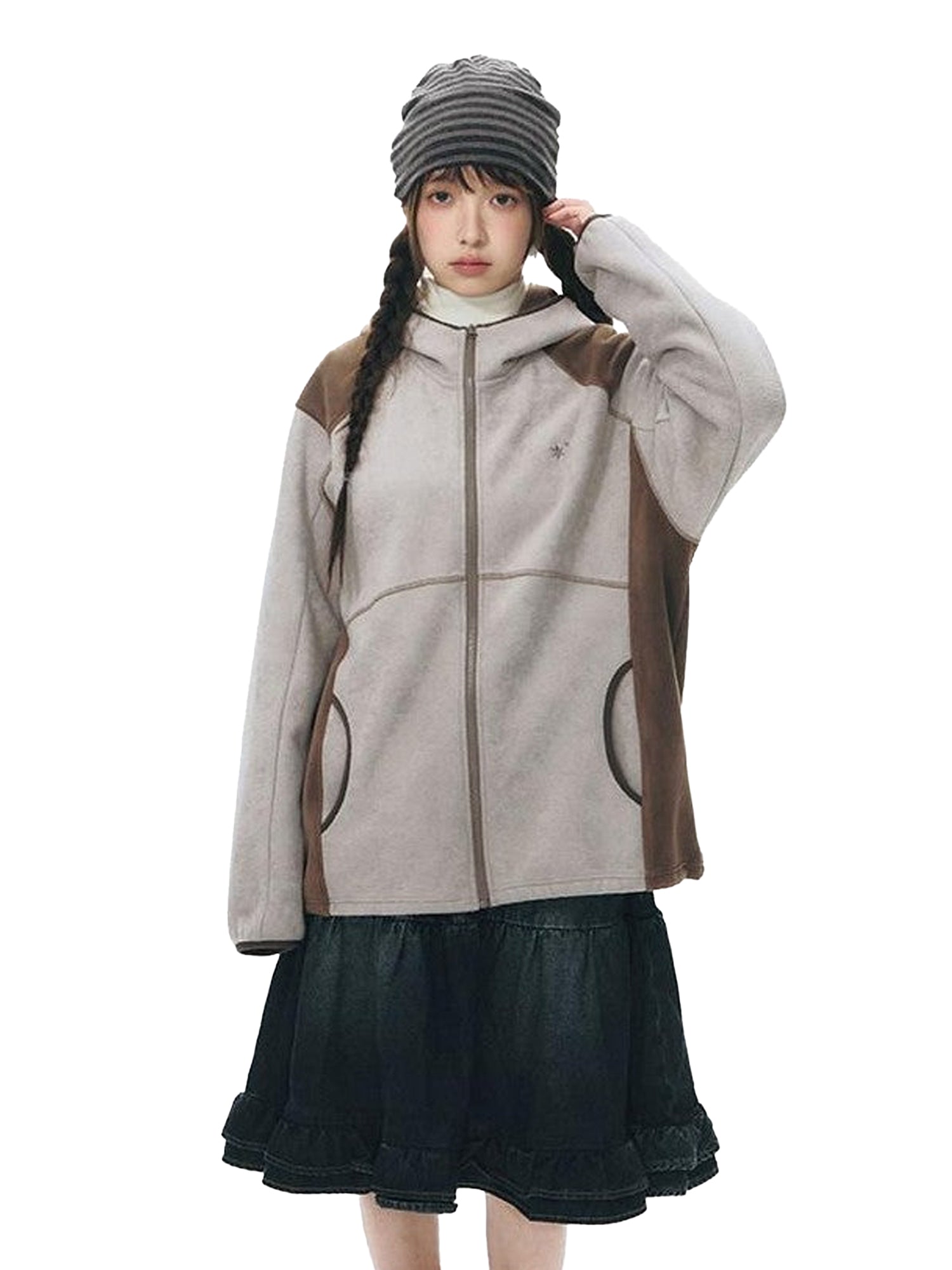NAPSNAPS Grey Brown Patchwork Polar Fleece Hooded Zip Women&