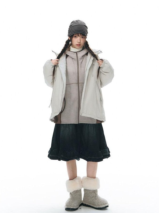 NAPSNAPS Grey Brown Patchwork Polar Fleece Hooded Zip Women&