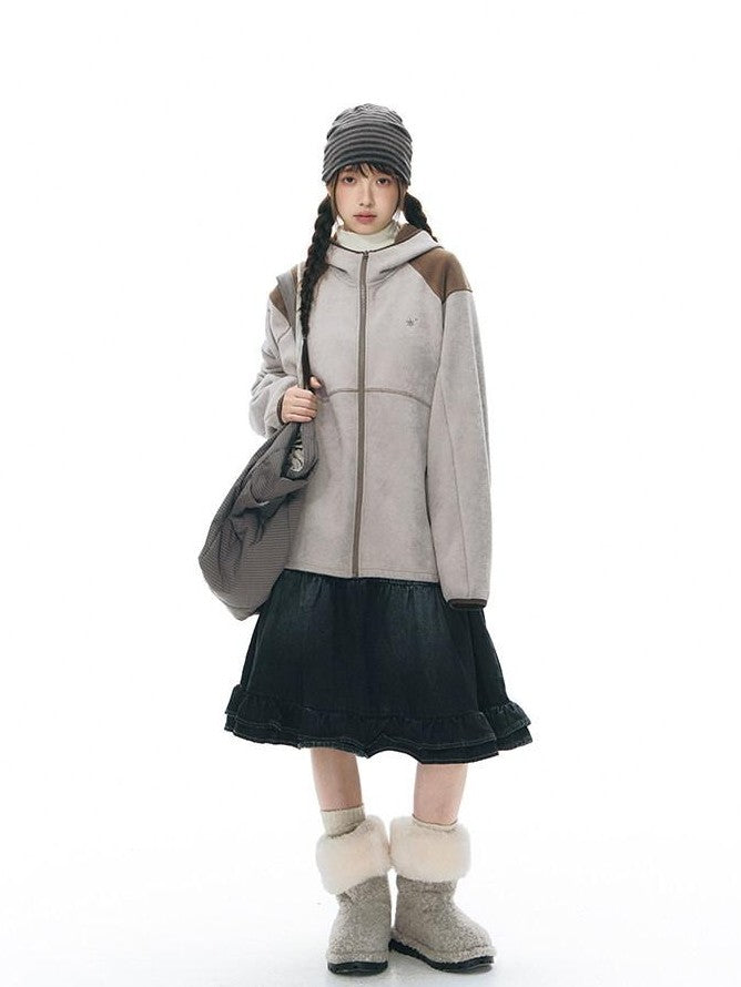 NAPSNAPS Grey Brown Patchwork Polar Fleece Hooded Zip Women&