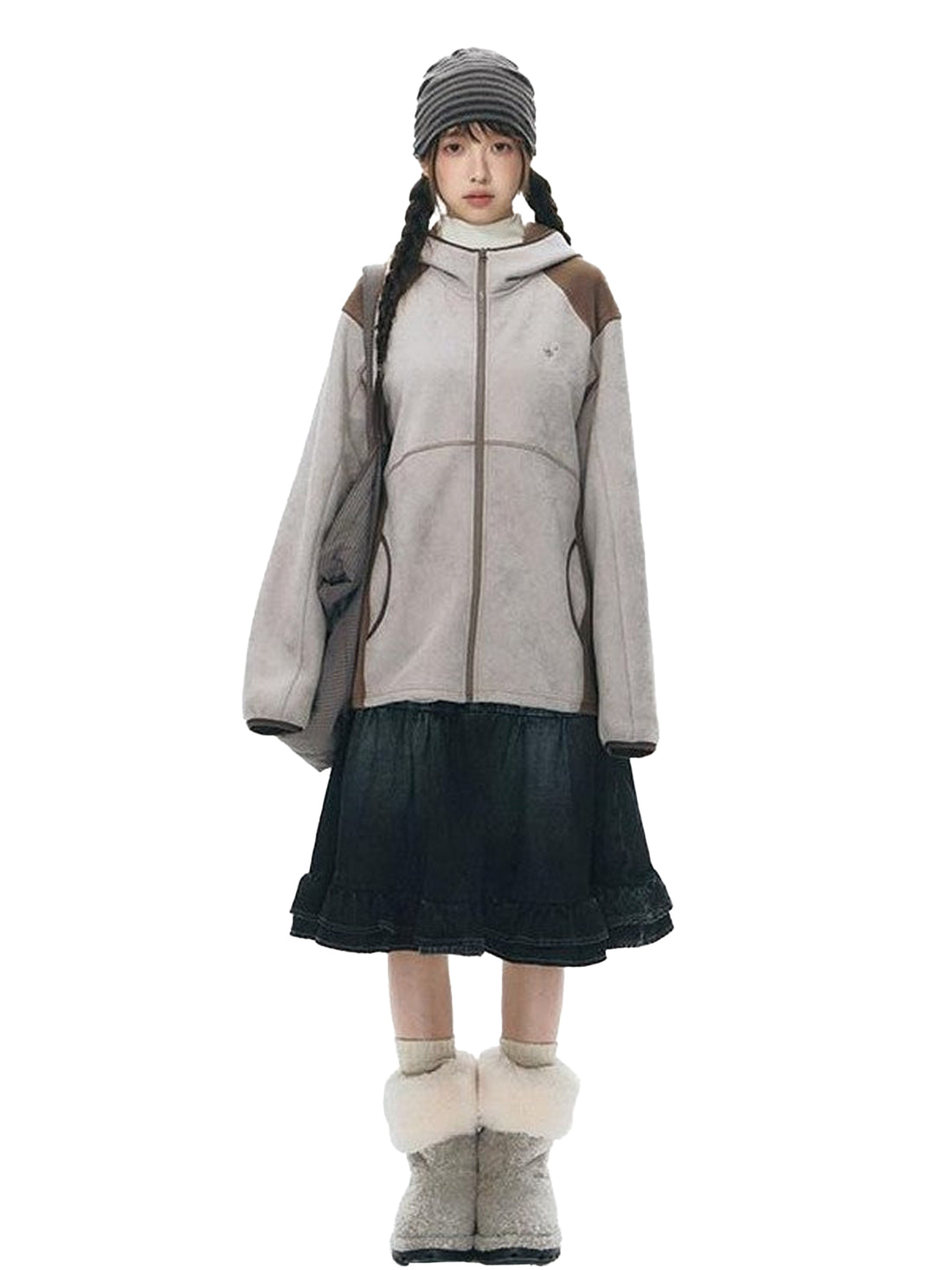 NAPSNAPS Grey Brown Patchwork Polar Fleece Hooded Zip Women&