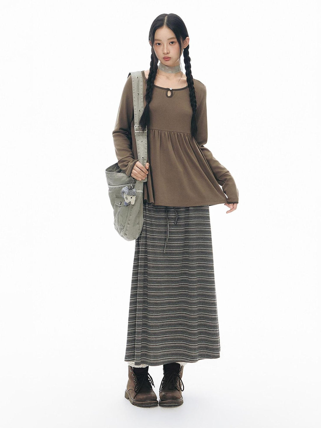 NAPSNAPS Grey Coffee Striped Drawstring Tie Straight Women&
