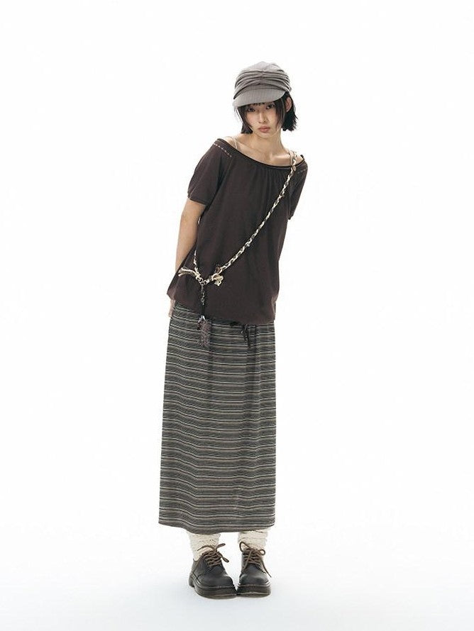 NAPSNAPS Grey Coffee Striped Drawstring Tie Straight Women&