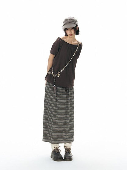 NAPSNAPS Grey Coffee Striped Drawstring Tie Straight Women&