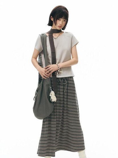 NAPSNAPS Grey Coffee Striped Drawstring Tie Straight Women&
