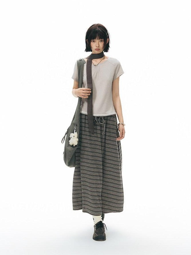 NAPSNAPS Grey Coffee Striped Drawstring Tie Straight Women&
