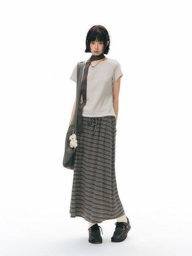 NAPSNAPS Grey Coffee Striped Drawstring Tie Straight Women&