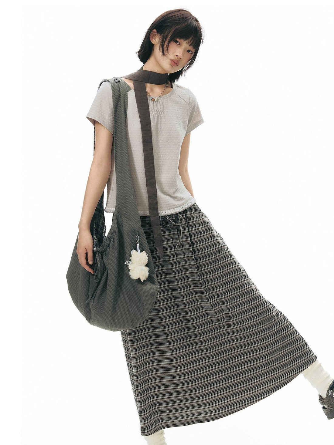 NAPSNAPS Grey Coffee Striped Drawstring Tie Straight Women&