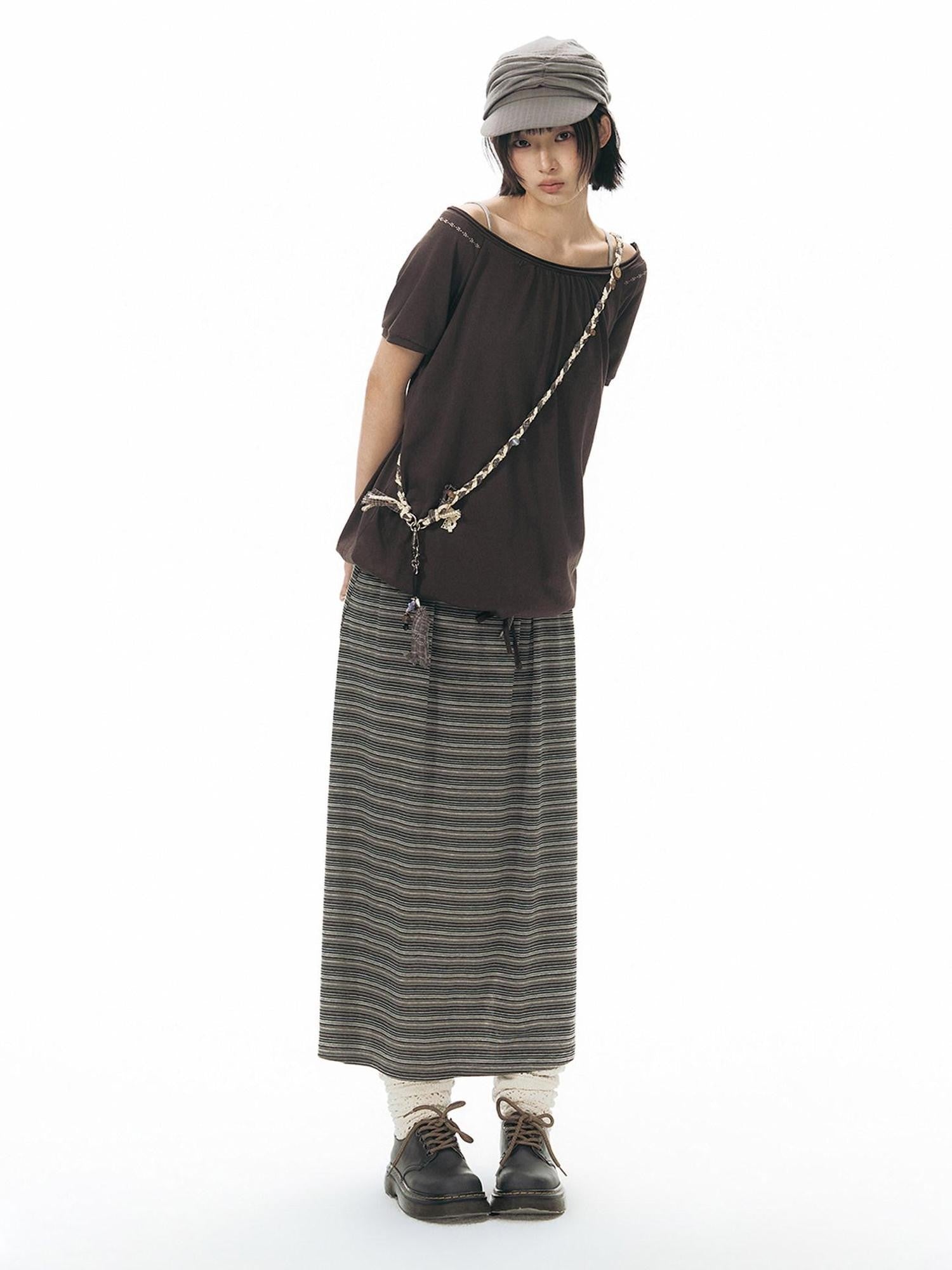 NAPSNAPS Grey Coffee Striped Drawstring Tie Straight Women&