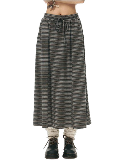 NAPSNAPS Grey Coffee Striped Drawstring Tie Straight Women&