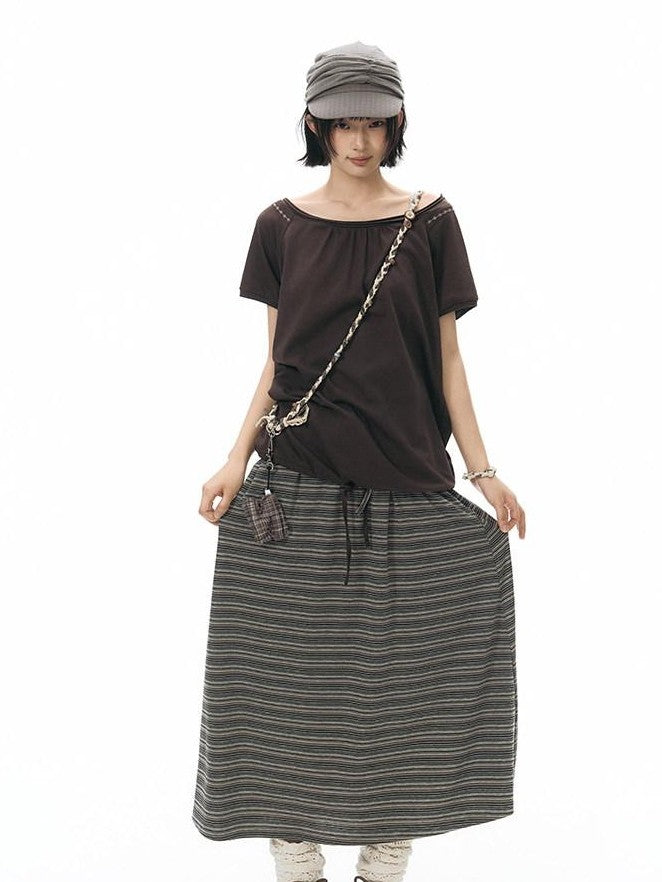 NAPSNAPS Grey Coffee Striped Drawstring Tie Straight Women&