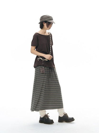 NAPSNAPS Grey Coffee Striped Drawstring Tie Straight Women&