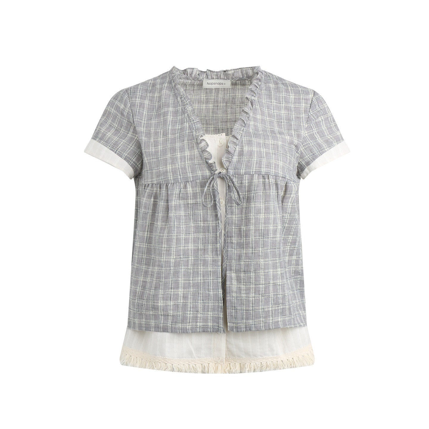 NAPSNAPS_Grey_Green_Plaid_Ruffle_Tie_V-neck_Open_Cardigan_Women&