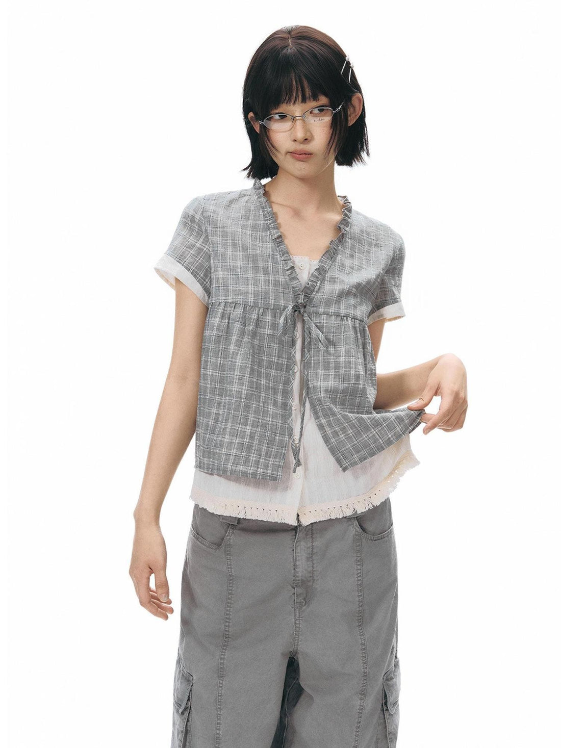 NAPSNAPS Grey Green Plaid Ruffle Tie V-neck Open Cardigan Women&