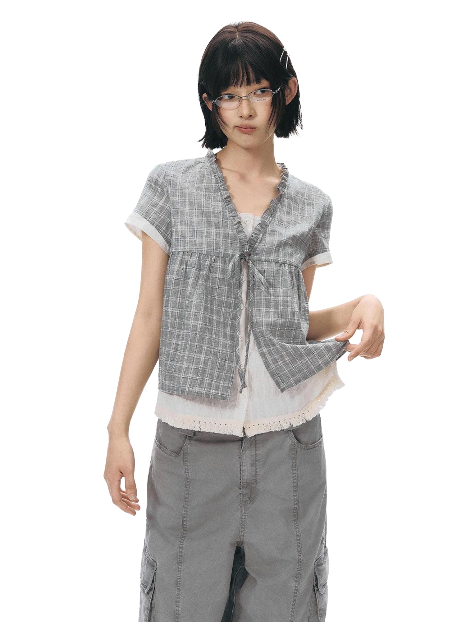 NAPSNAPS Grey Green Plaid Ruffle Tie V-neck Open Cardigan Women&