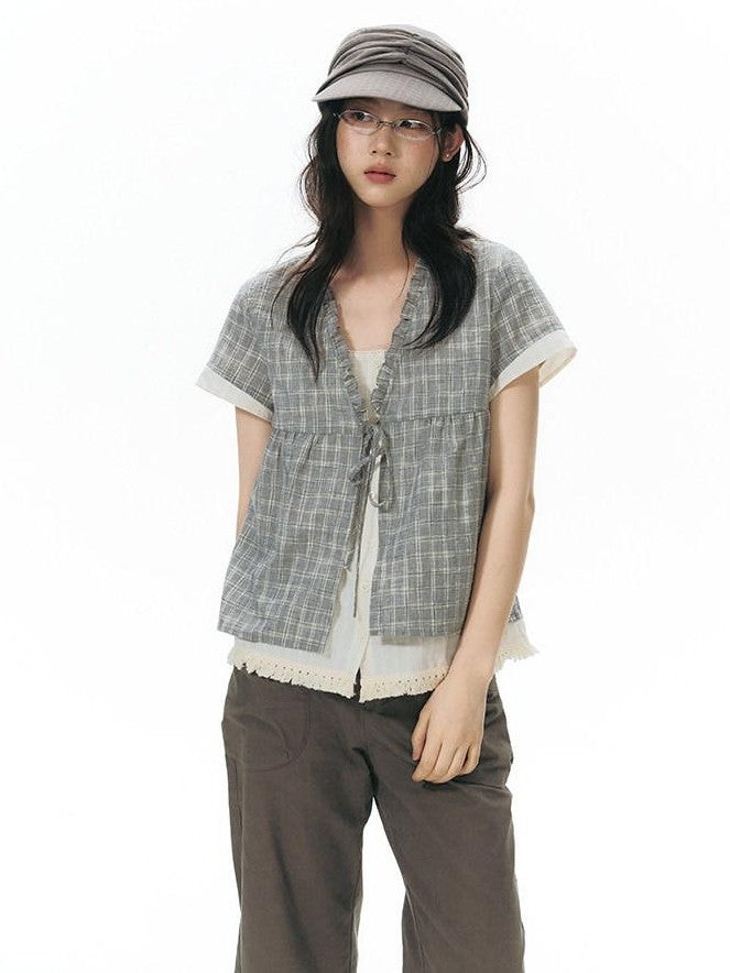 NAPSNAPS Grey Green Plaid Ruffle Tie V-neck Open Cardigan Women&