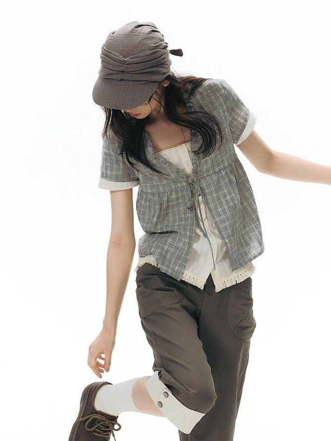 NAPSNAPS Grey Green Plaid Ruffle Tie V-neck Open Cardigan Women&