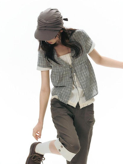 NAPSNAPS Grey Green Plaid Ruffle Tie V-neck Open Cardigan Women&