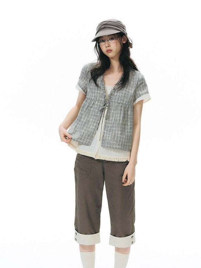 NAPSNAPS Grey Green Plaid Ruffle Tie V-neck Open Cardigan Women&