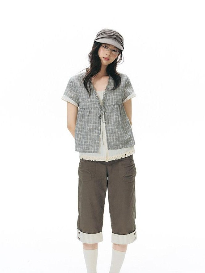 NAPSNAPS Grey Green Plaid Ruffle Tie V-neck Open Cardigan Women&