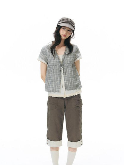 NAPSNAPS Grey Green Plaid Ruffle Tie V-neck Open Cardigan Women&
