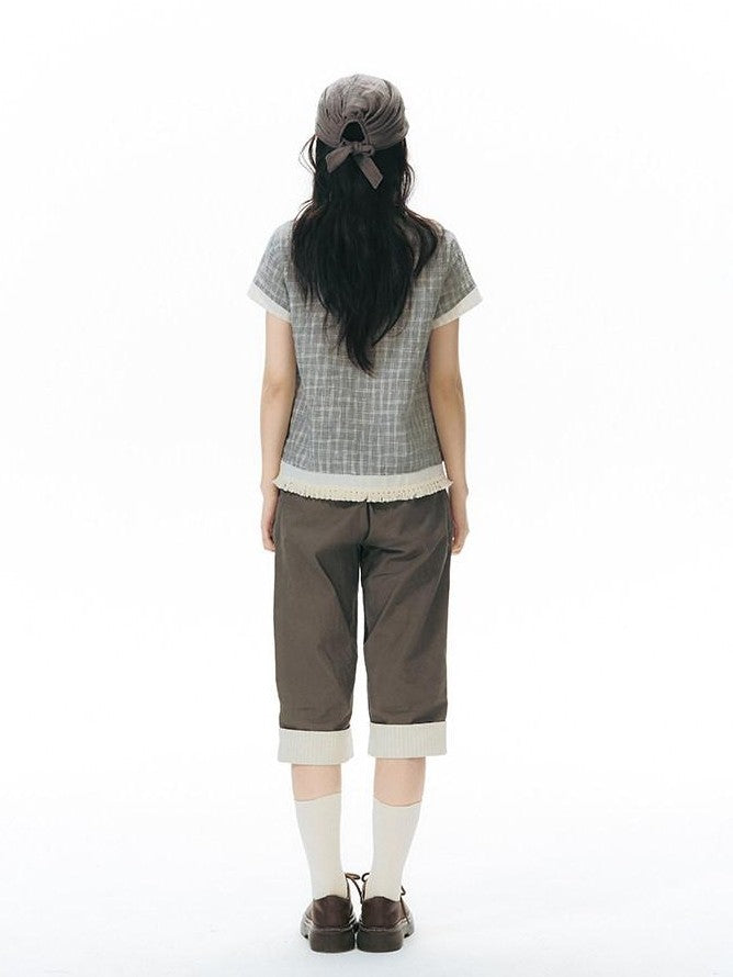 NAPSNAPS Grey Green Plaid Ruffle Tie V-neck Open Cardigan Women&