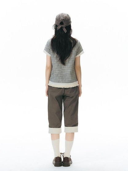 NAPSNAPS Grey Green Plaid Ruffle Tie V-neck Open Cardigan Women&