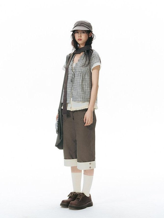 NAPSNAPS Grey Green Plaid Ruffle Tie V-neck Open Cardigan Women&