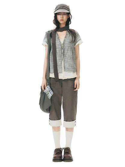 NAPSNAPS Grey Green Plaid Ruffle Tie V-neck Open Cardigan Women&