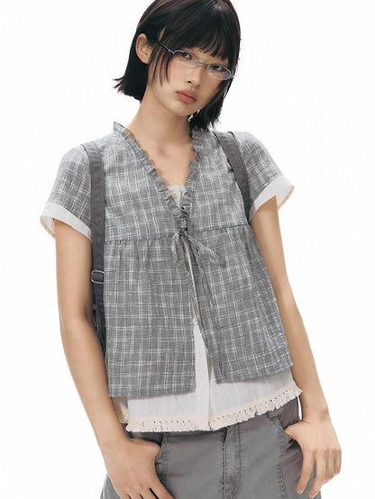 NAPSNAPS Grey Green Plaid Ruffle Tie V-neck Open Cardigan Women&