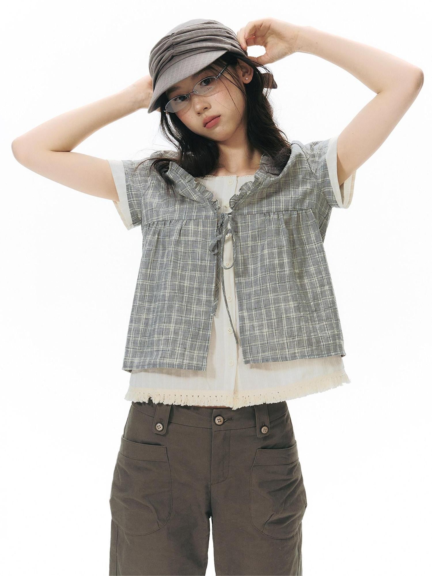 NAPSNAPS Grey Green Plaid Ruffle Tie V-neck Open Cardigan Women&