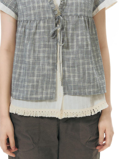 NAPSNAPS Grey Green Plaid Ruffle Tie V-neck Open Cardigan Women&
