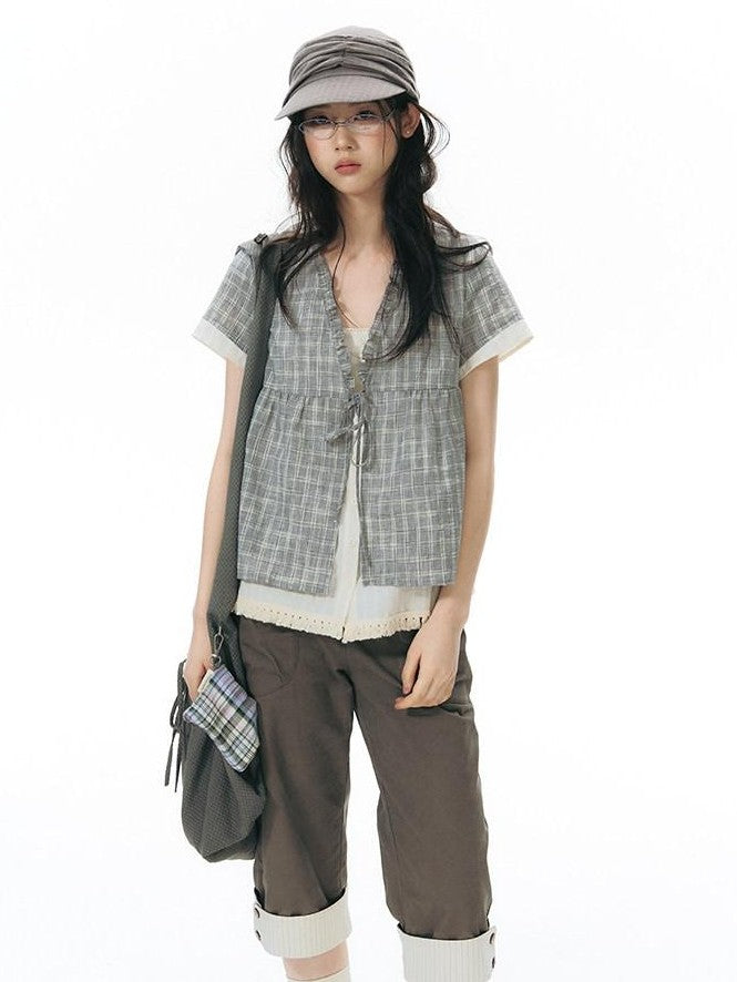 NAPSNAPS Grey Green Plaid Ruffle Tie V-neck Open Cardigan Women&