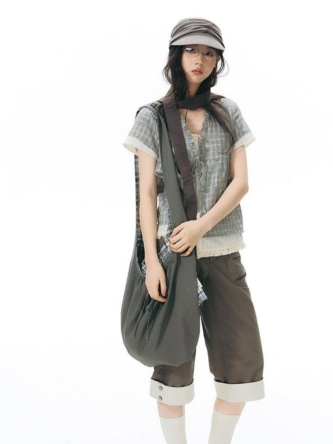 NAPSNAPS Grey Green Plaid Ruffle Tie V-neck Open Cardigan Women&