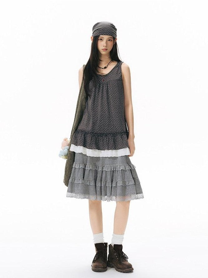NAPSNAPS Grey Patchwork Lace Knit Ruffle Women&