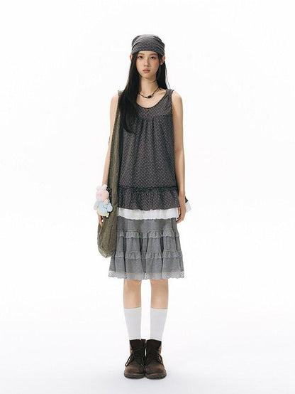 NAPSNAPS Grey Patchwork Lace Knit Ruffle Women&