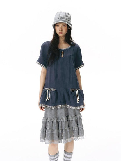 NAPSNAPS Grey Patchwork Lace Knit Ruffle Women&