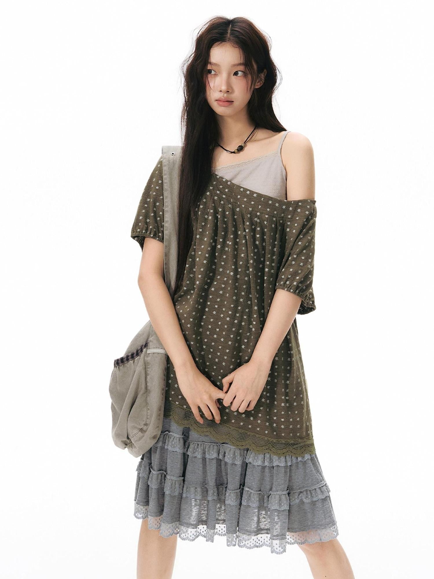 NAPSNAPS Grey Patchwork Lace Knit Ruffle Women&