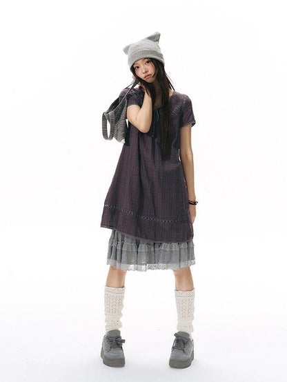NAPSNAPS Grey Patchwork Lace Knit Ruffle Women&