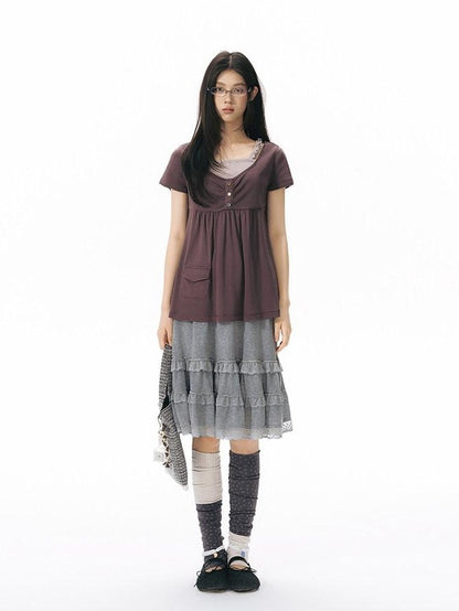NAPSNAPS Grey Patchwork Lace Knit Ruffle Women&